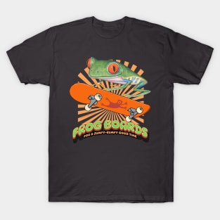 cute and funny red eyed tree frog riding a skateboard having a jumpy bumpy good time tee T-Shirt